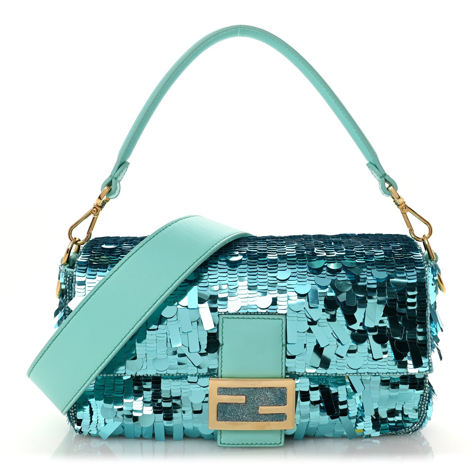 Fendi Sequin Paillettes Vitello Grace Sex and the City Baguette Spring Turquoise 1 of 11
