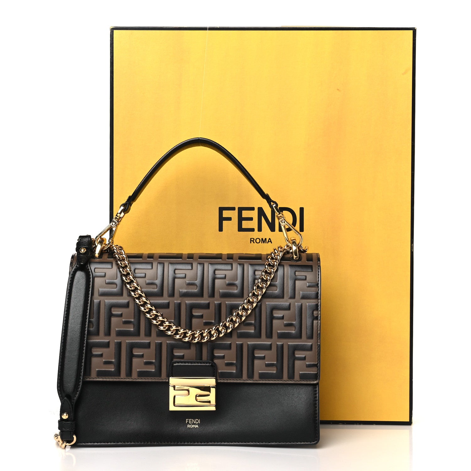 Fendi Vitello Liberty Bi-Color FF 1974 Embossed Chain Strap Kan U Shoulder Bag Black Maya 11 of 11