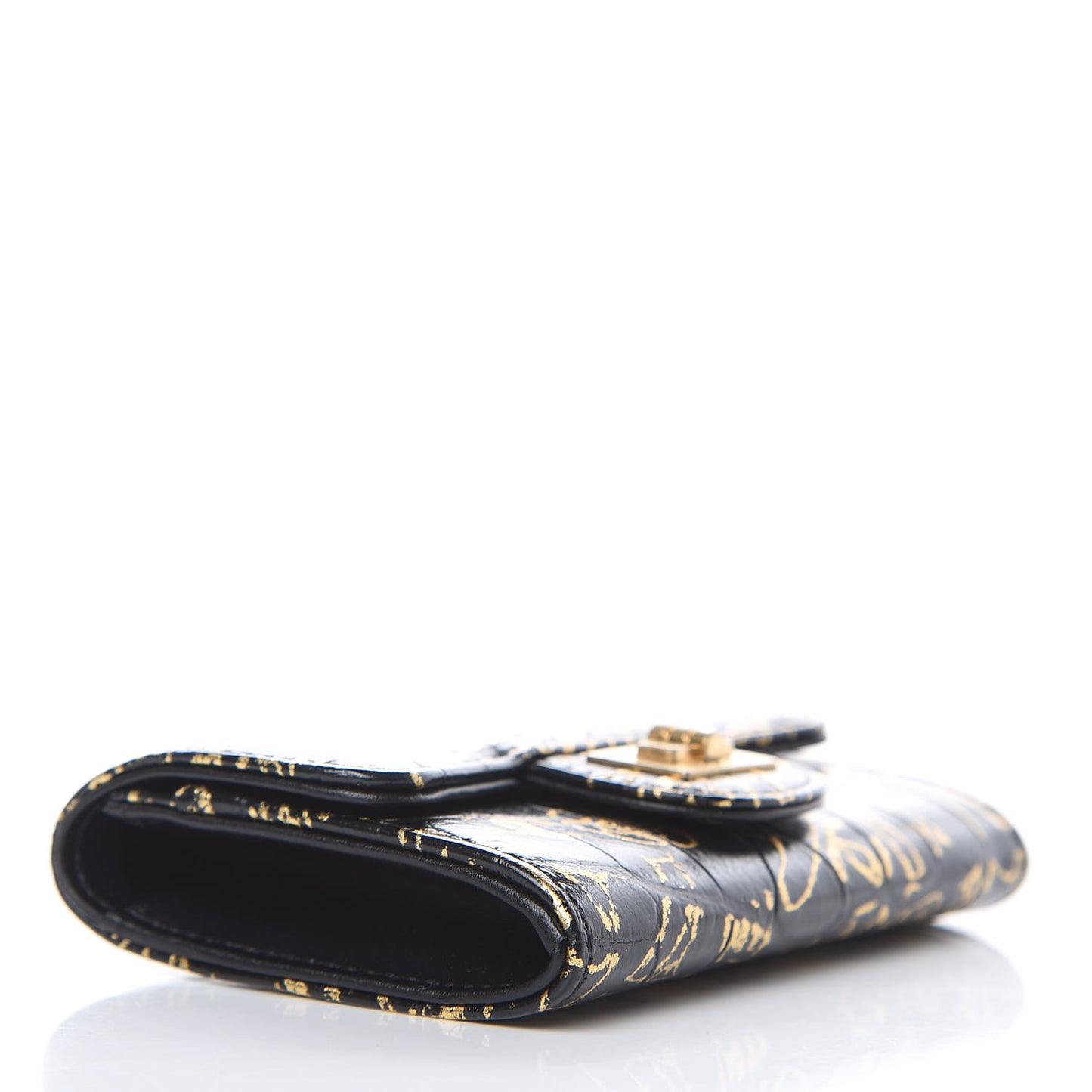 Calfskin Crocodile Embossed Graffiti Reissue Card Holder Wallet Black Gold