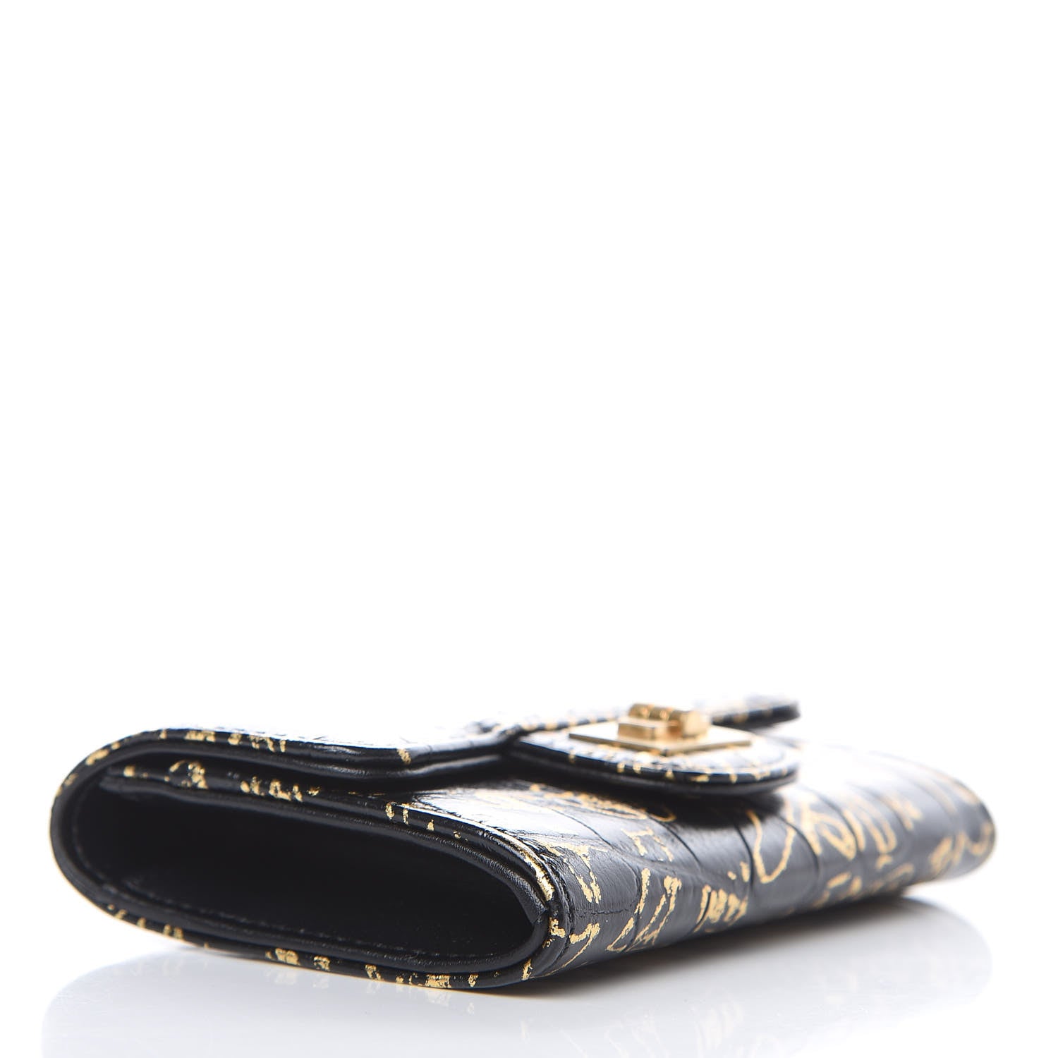 Chanel Calfskin Crocodile Embossed Graffiti Reissue Card Holder Wallet Black Gold 4 of 8