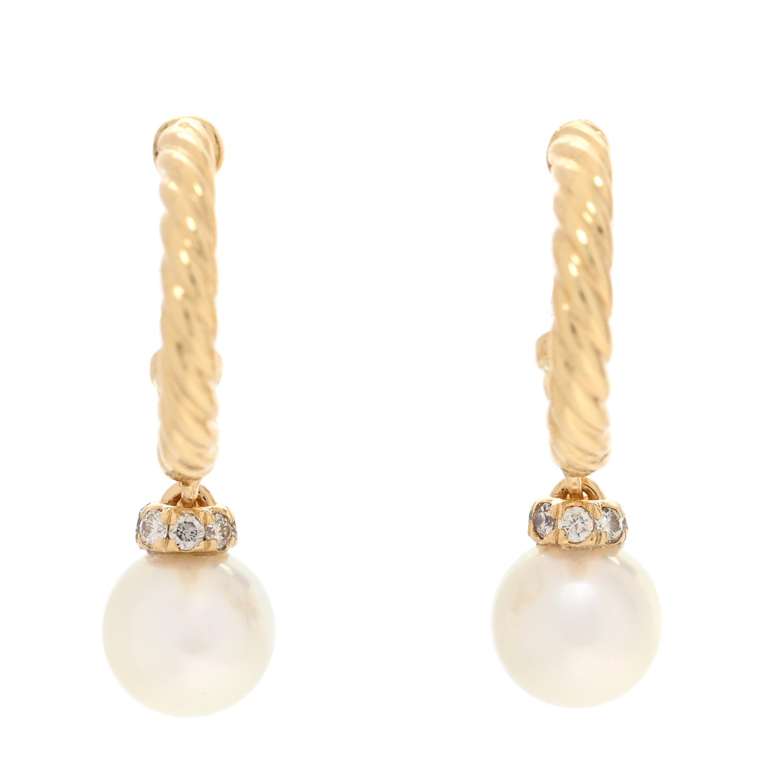 David Yurman 18K Yellow Gold Diamond Pearl Petite Solari Hoop Drop Earrings 1 of 5