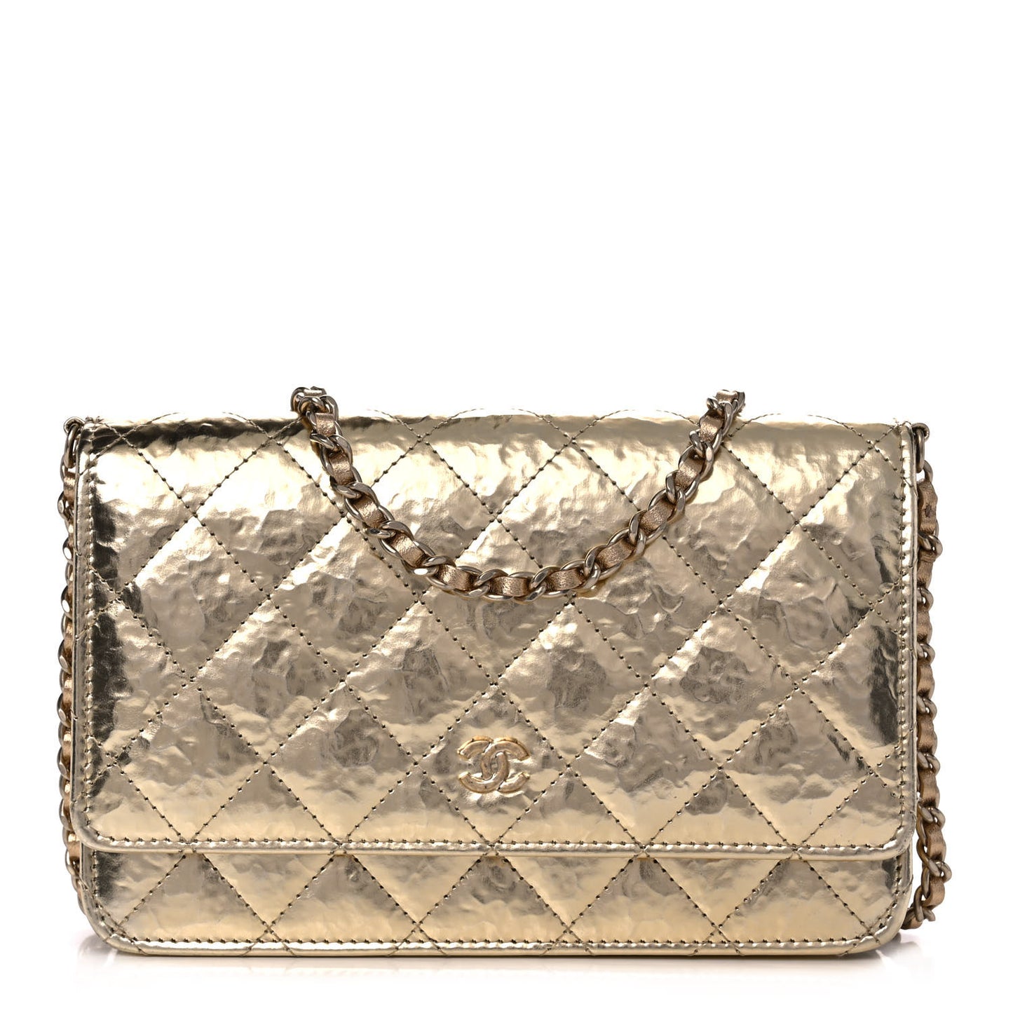 Hammered Metallic Calfskin Quilted Wallet On Chain WOC Gold