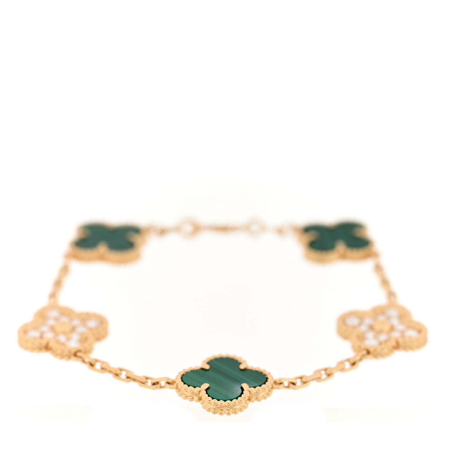 18K Yellow Gold Diamond Malachite 5 Motifs Vintage Alhambra Bracelet