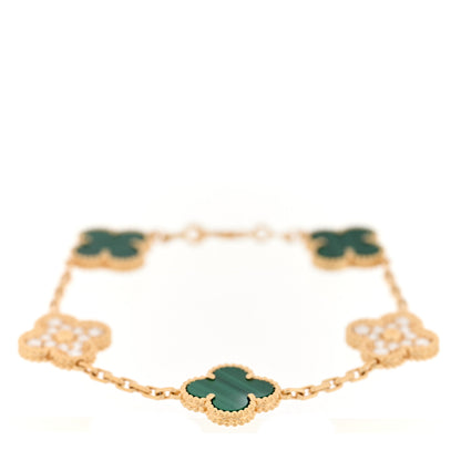 Van Cleef & Arpels 18K Yellow Gold Diamond Malachite 5 Motifs Vintage Alhambra Bracelet 1 of 4