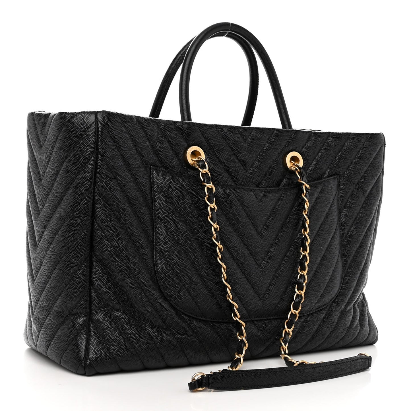 Caviar Chevron Quilted Coco Handle Shopping Tote Black