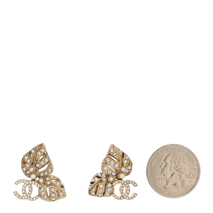 Chanel Crystal Pearl CC Leaf Earrings Gold 2 of 5