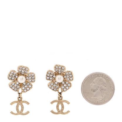 Chanel Pearl Crystal CC Flower Drop Earrings Gold White 2 of 5