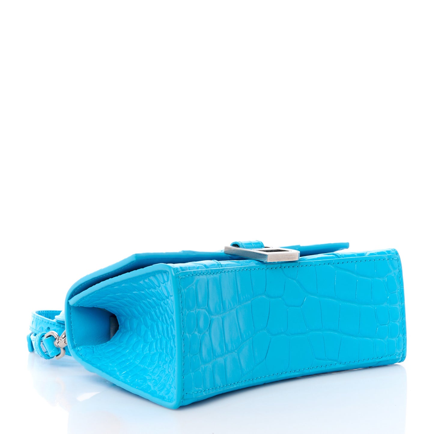 Shiny Calfskin Crocodile Embossed Hourglass Top Handle Bag XS Cyan