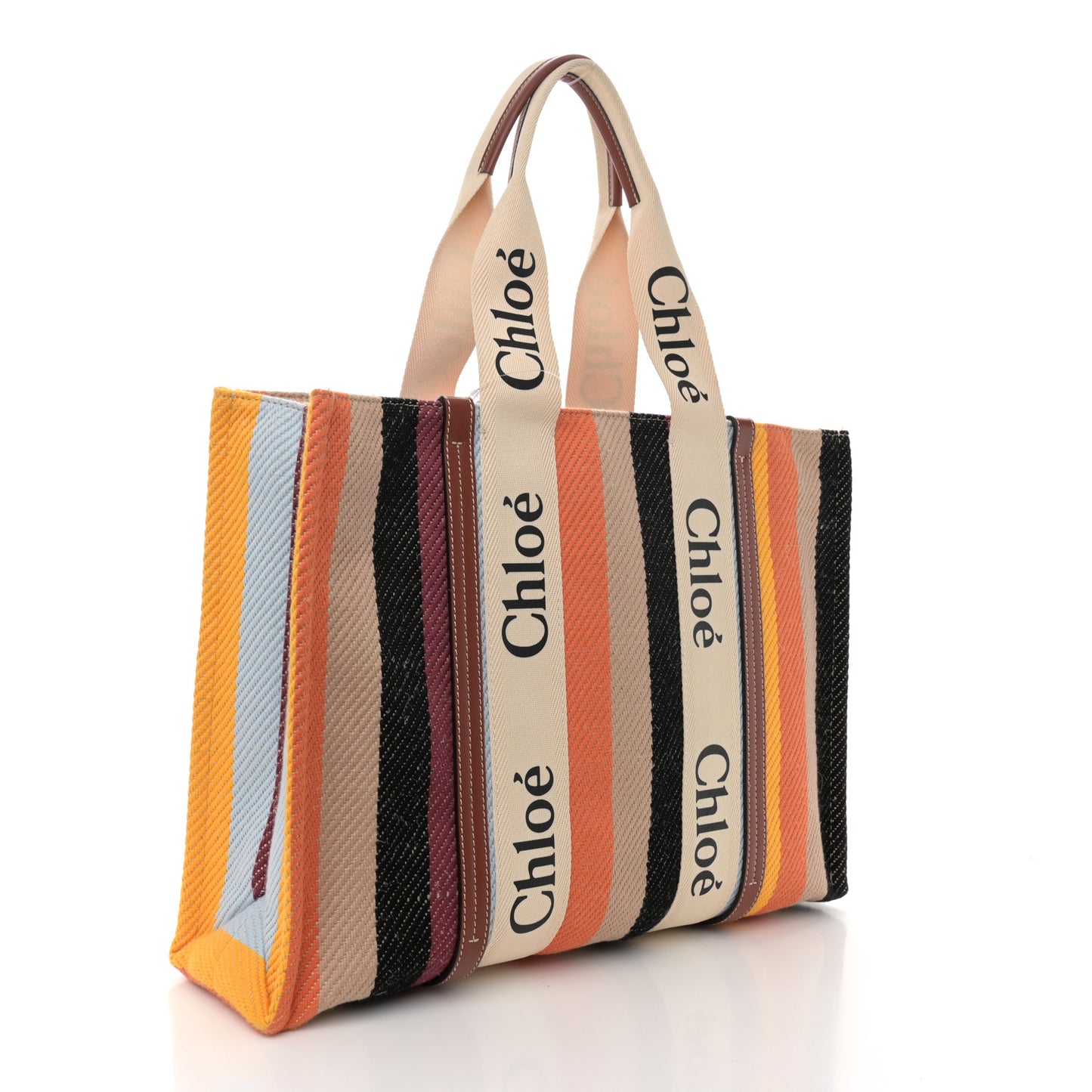 Cotton Calfskin Large Woody Striped Tote Multicolor