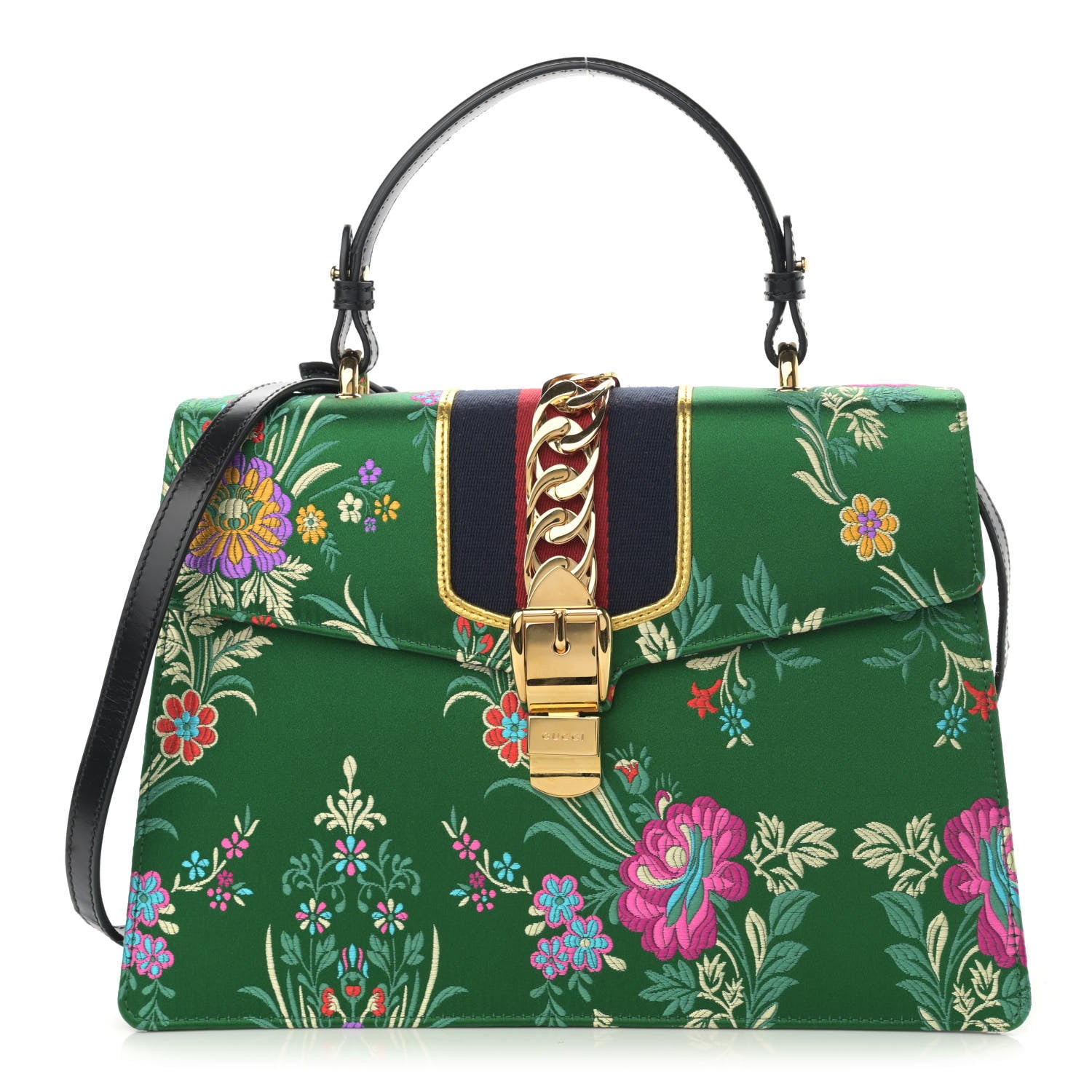 Gucci Jacquard Floral Medium Sylvie Top Handle Bag Green Multicolor Black 1 of 13