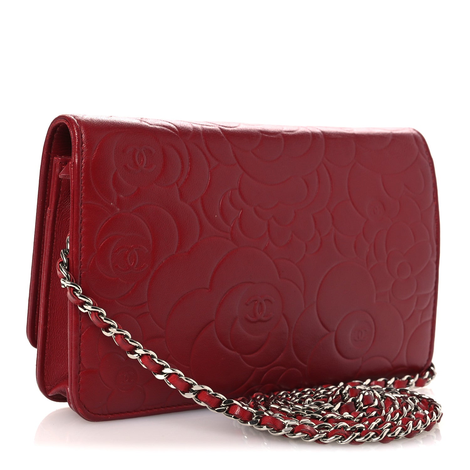 Chanel Lambskin Camellia Embossed Wallet on Chain WOC Red 3 of 14