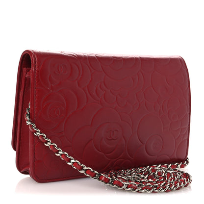 Chanel Lambskin Camellia Embossed Wallet on Chain WOC Red 3 of 14