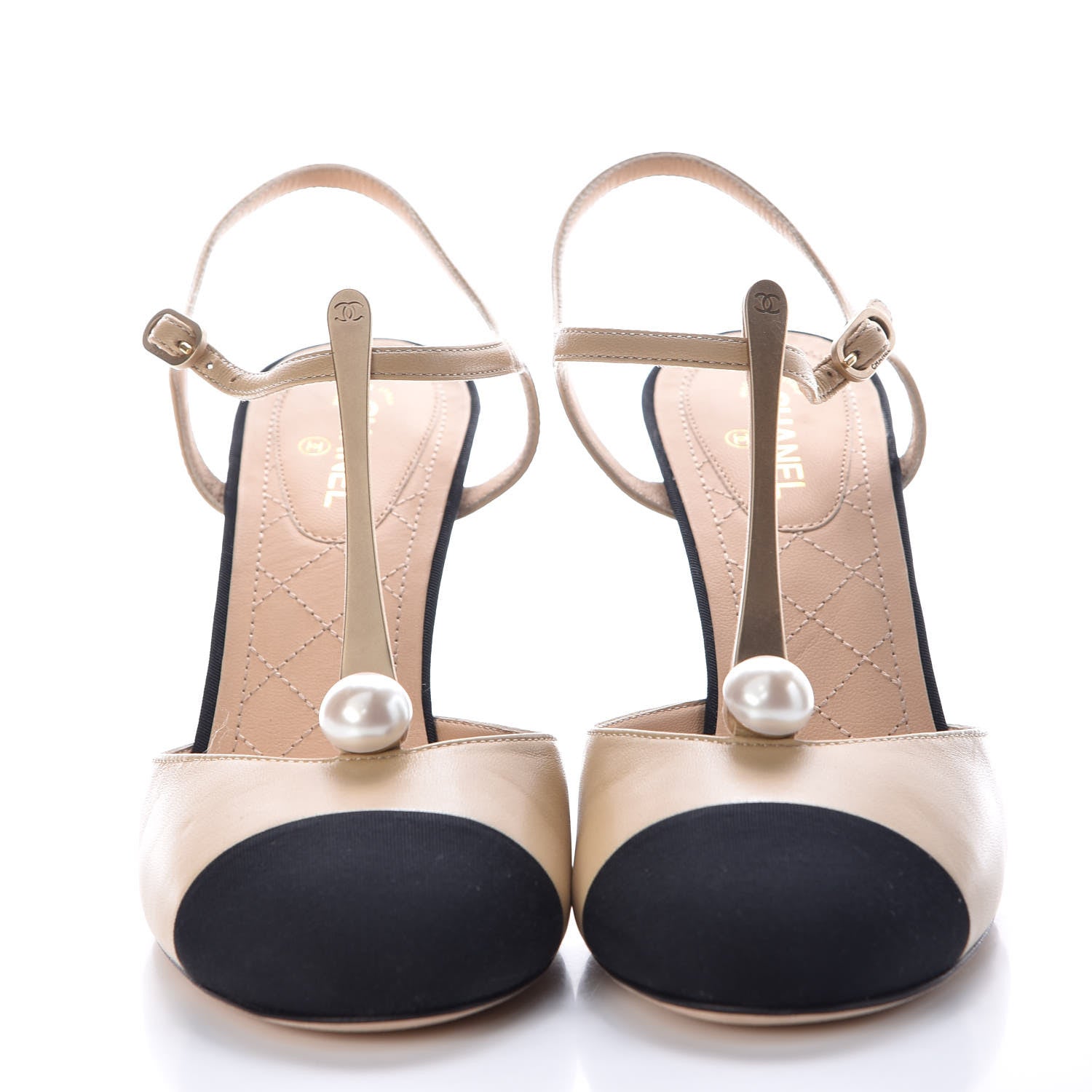 Chanel Lambskin Grosgrain Cap Toe Pearl CC Open Pumps 39 Light Beige 2 of 10