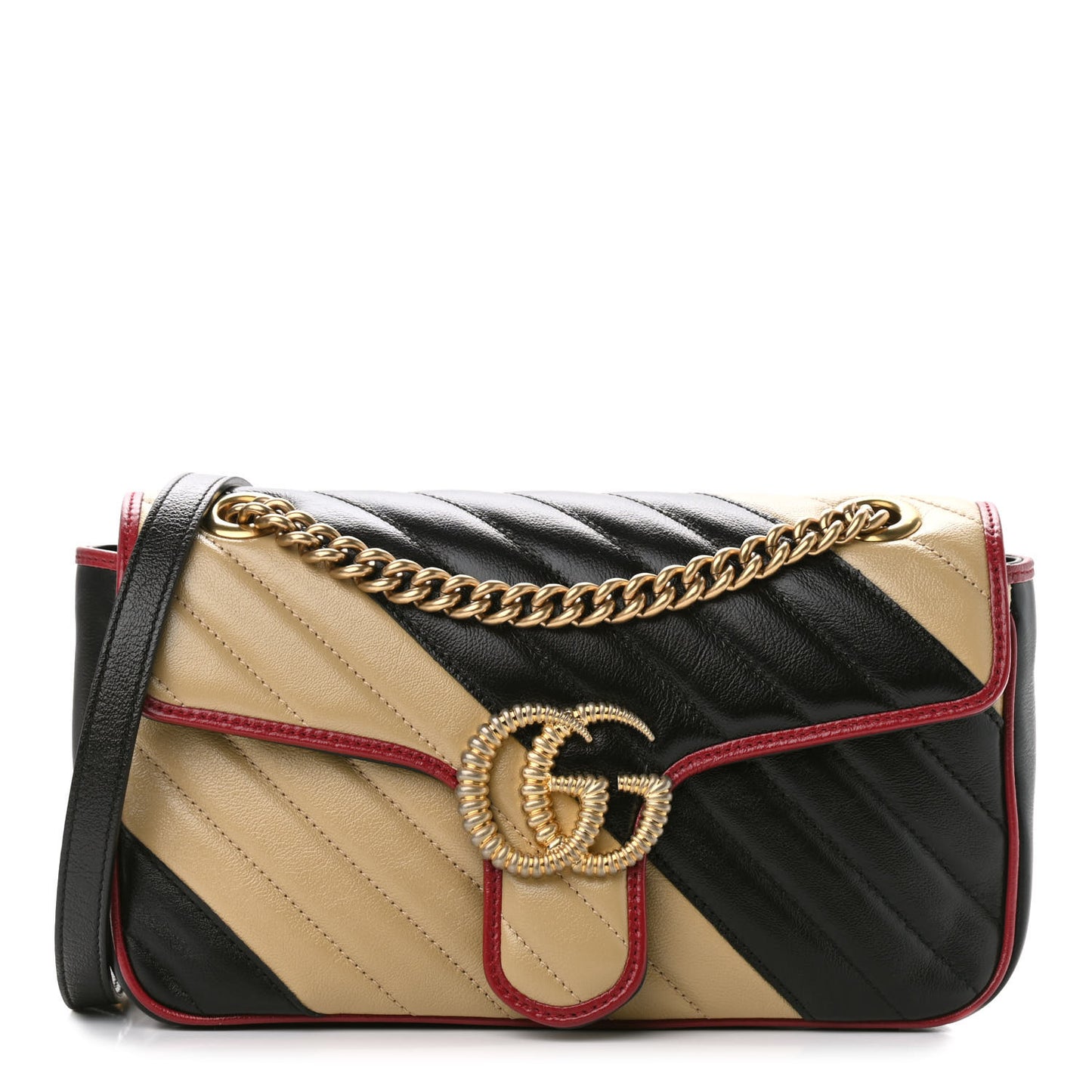 Vintage Effect Calfskin Matelasse Diagonal Striped Small Torchon GG Marmont Shoulder Bag Black Beige