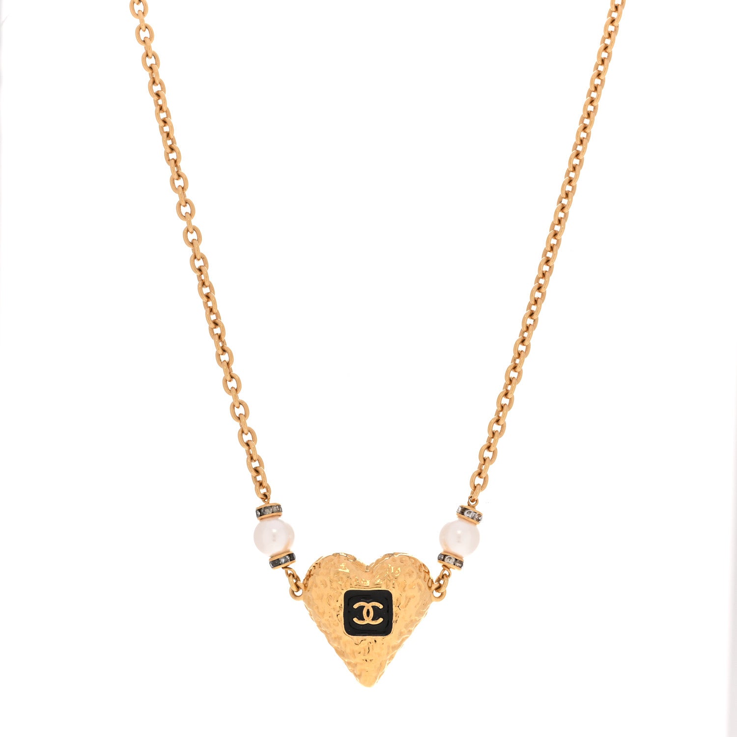 Chanel Resin Crystal Pearl Chain Heart CC Pendant Choker Necklace Black White Gold 1 of 5