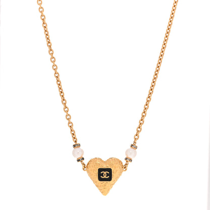 Chanel Resin Crystal Pearl Chain Heart CC Pendant Choker Necklace Black White Gold 1 of 5