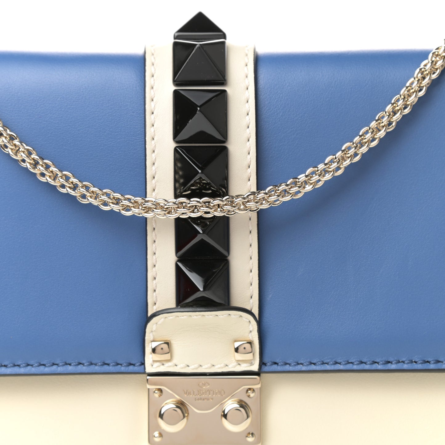 Vitello Medium Tri-Color Glam Lock Rockstud Flap Blue White Burgundy