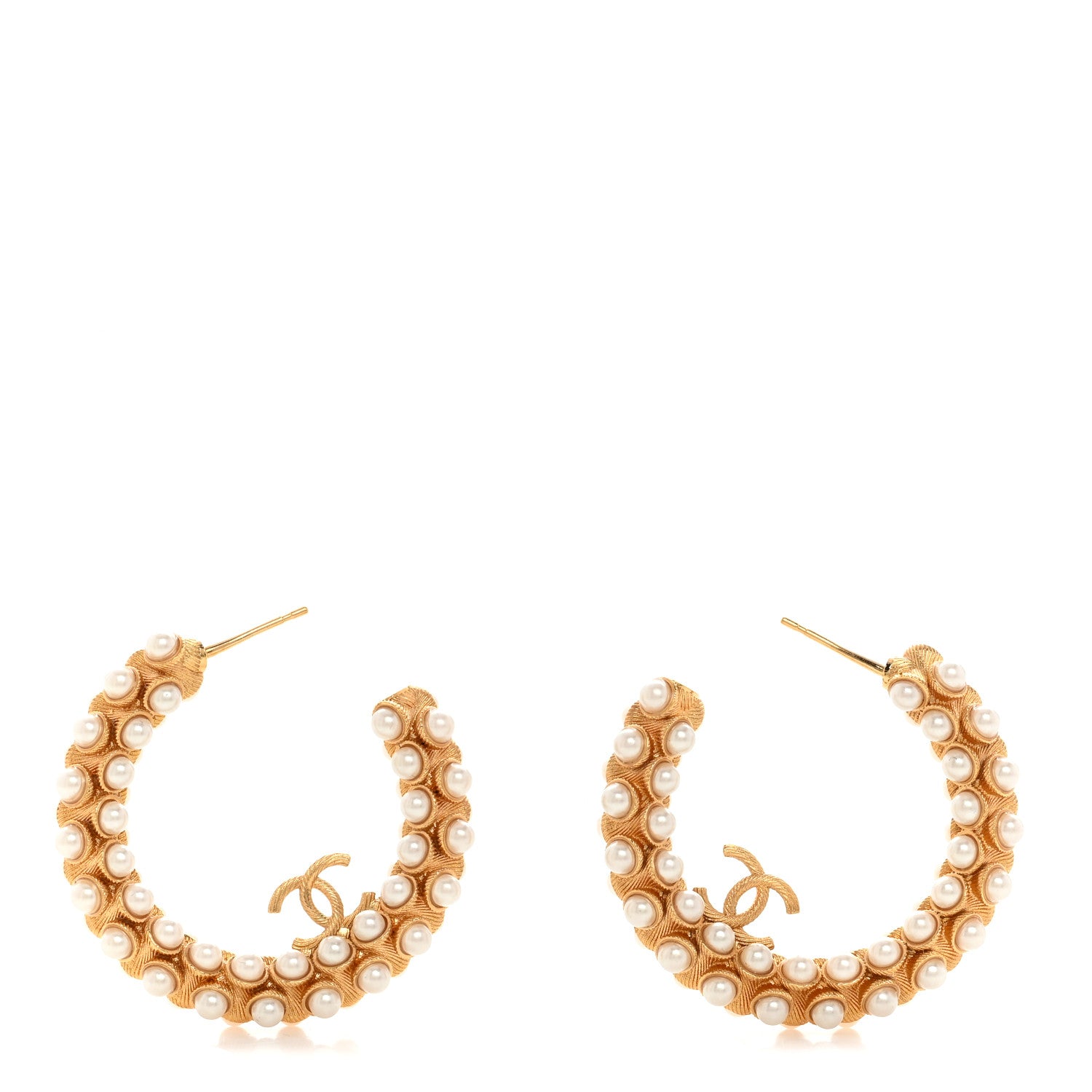 Chanel Metal Pearl CC Hoop Earrings Gold 1 of 5
