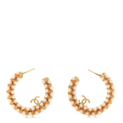 Chanel Metal Pearl CC Hoop Earrings Gold 1 of 5