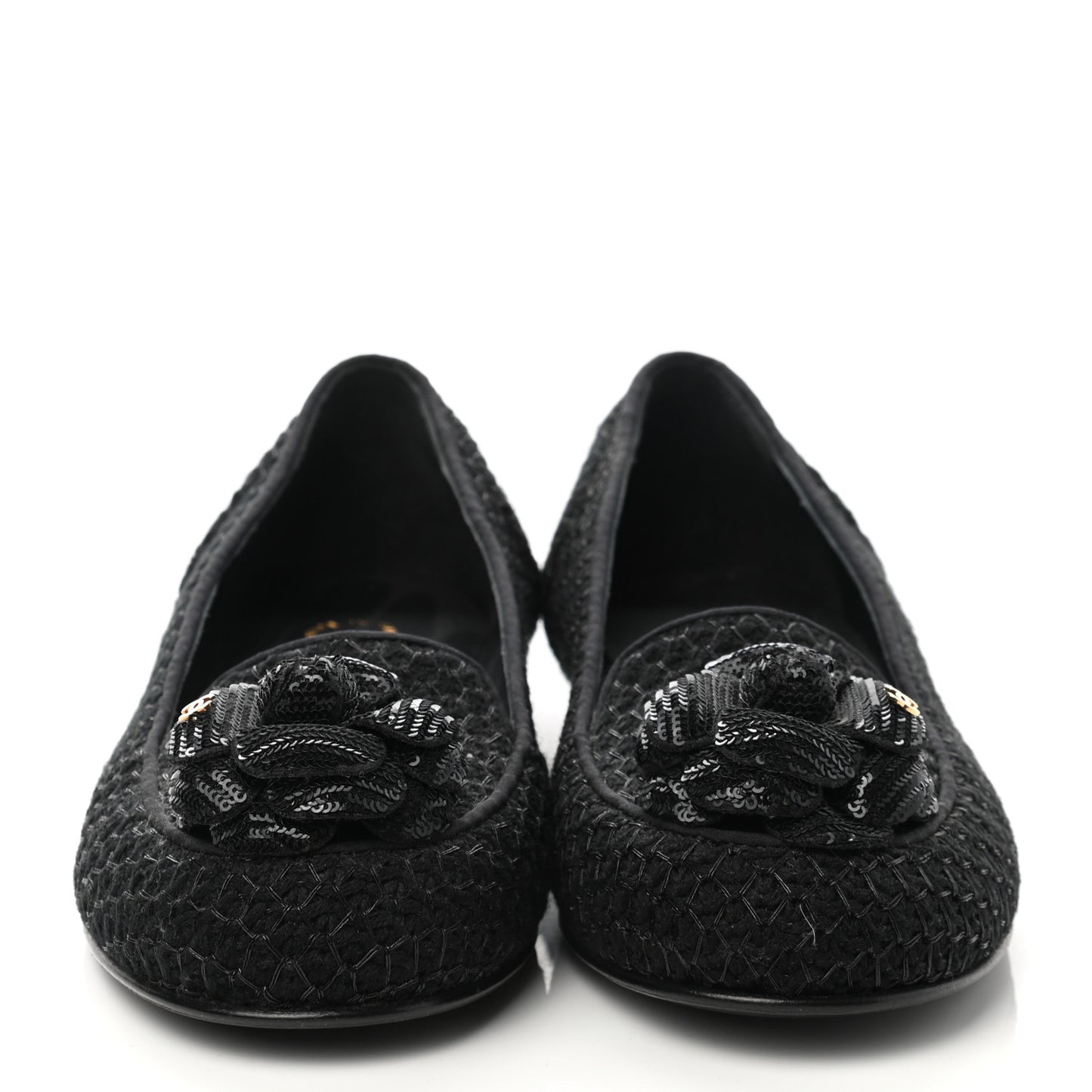 Tweed Sequin Camellia Mocassin Loafers 36.5 Black