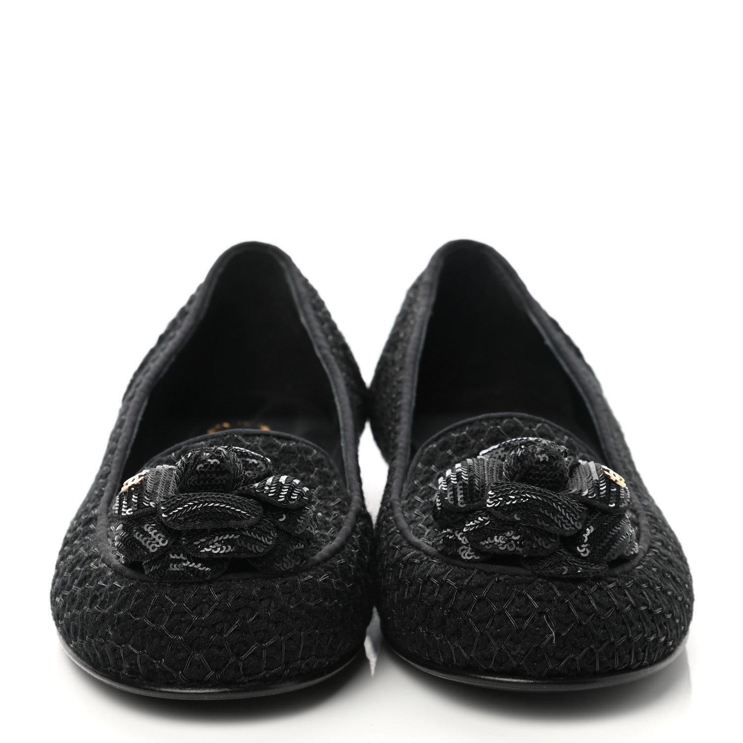 Chanel Tweed Sequin Camellia Mocassin Loafers 36.5 Black 2 of 8