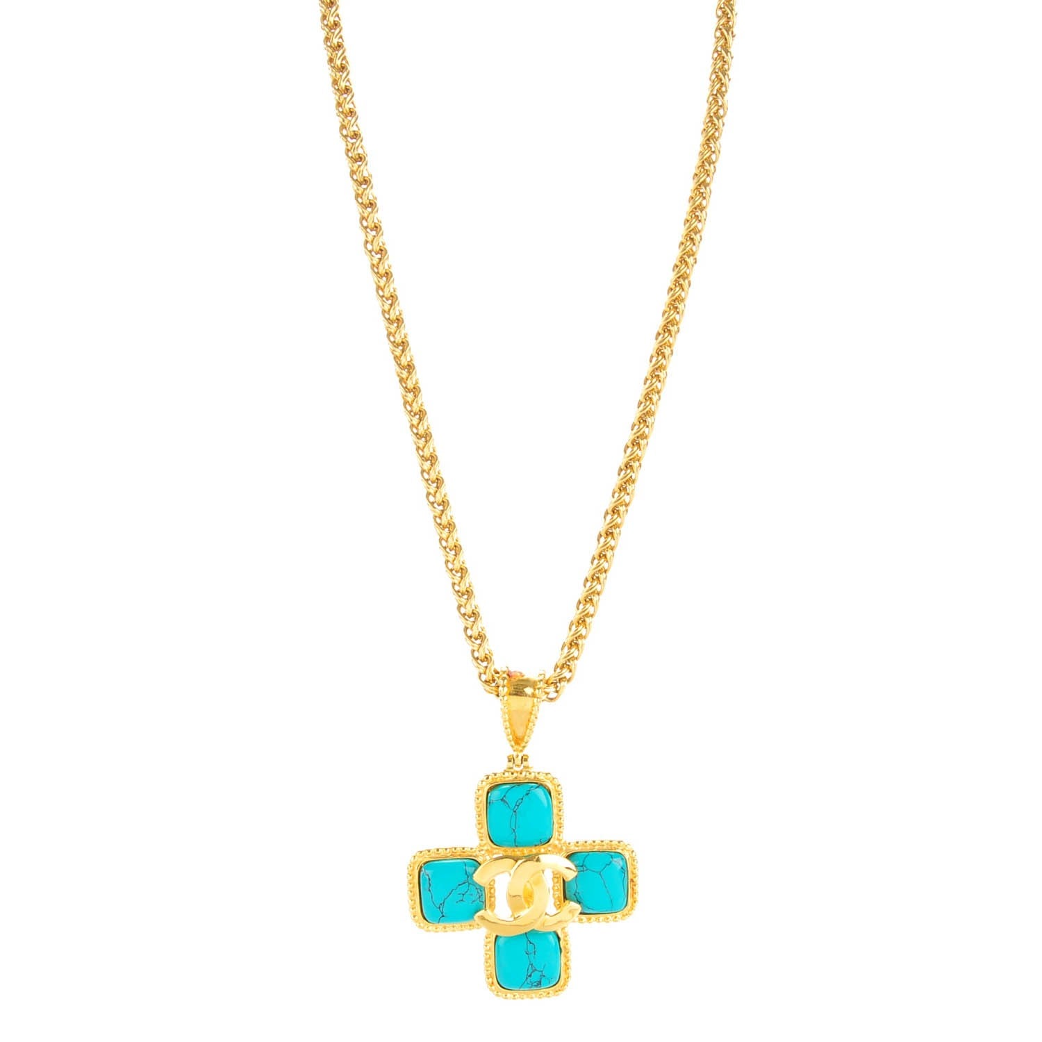 Chanel Cross Necklace Gold Turquoise 1 of 5