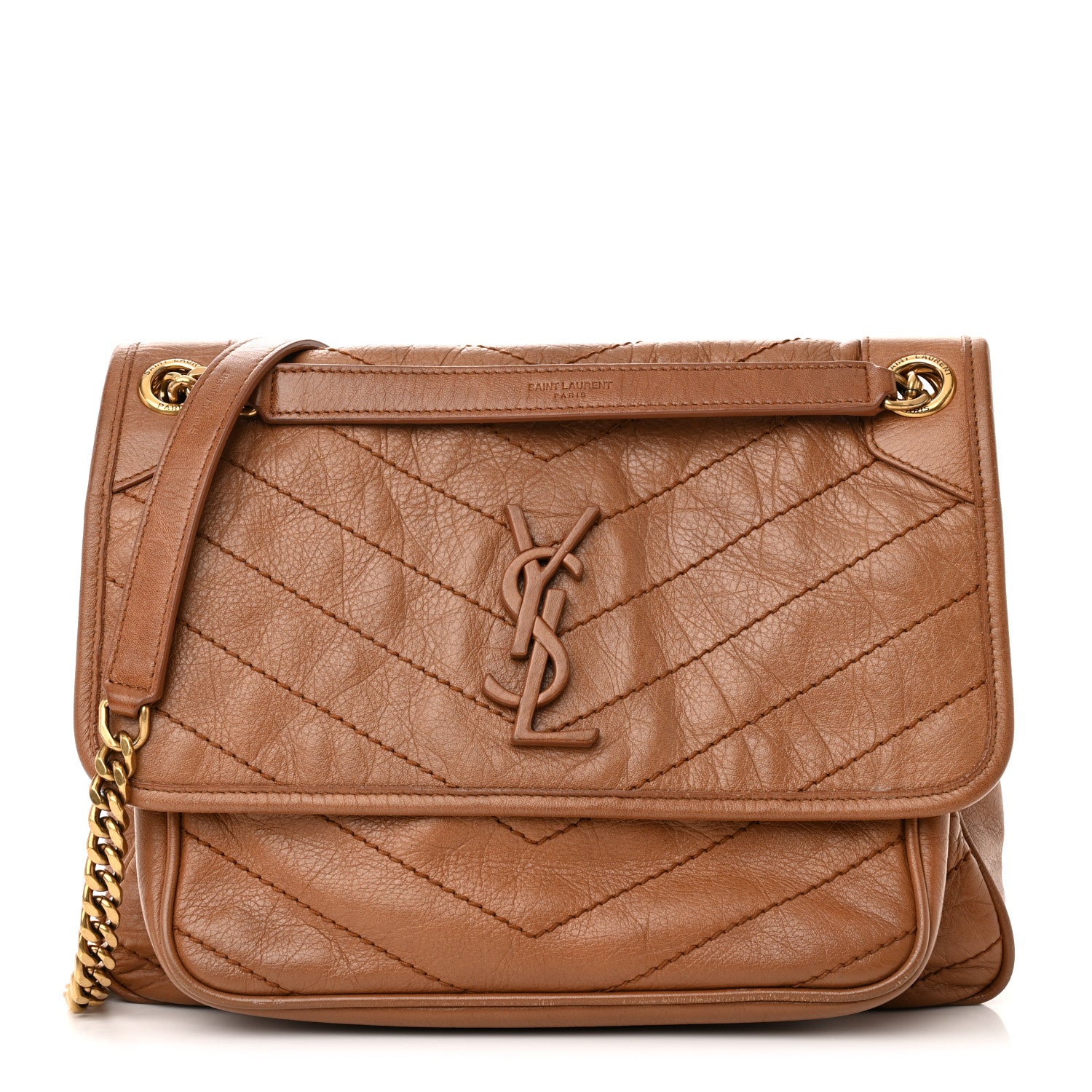 Saint Laurent Crinkled Calfskin Matelasse Monogram Medium Niki Chain Satchel Caramel 1 of 11