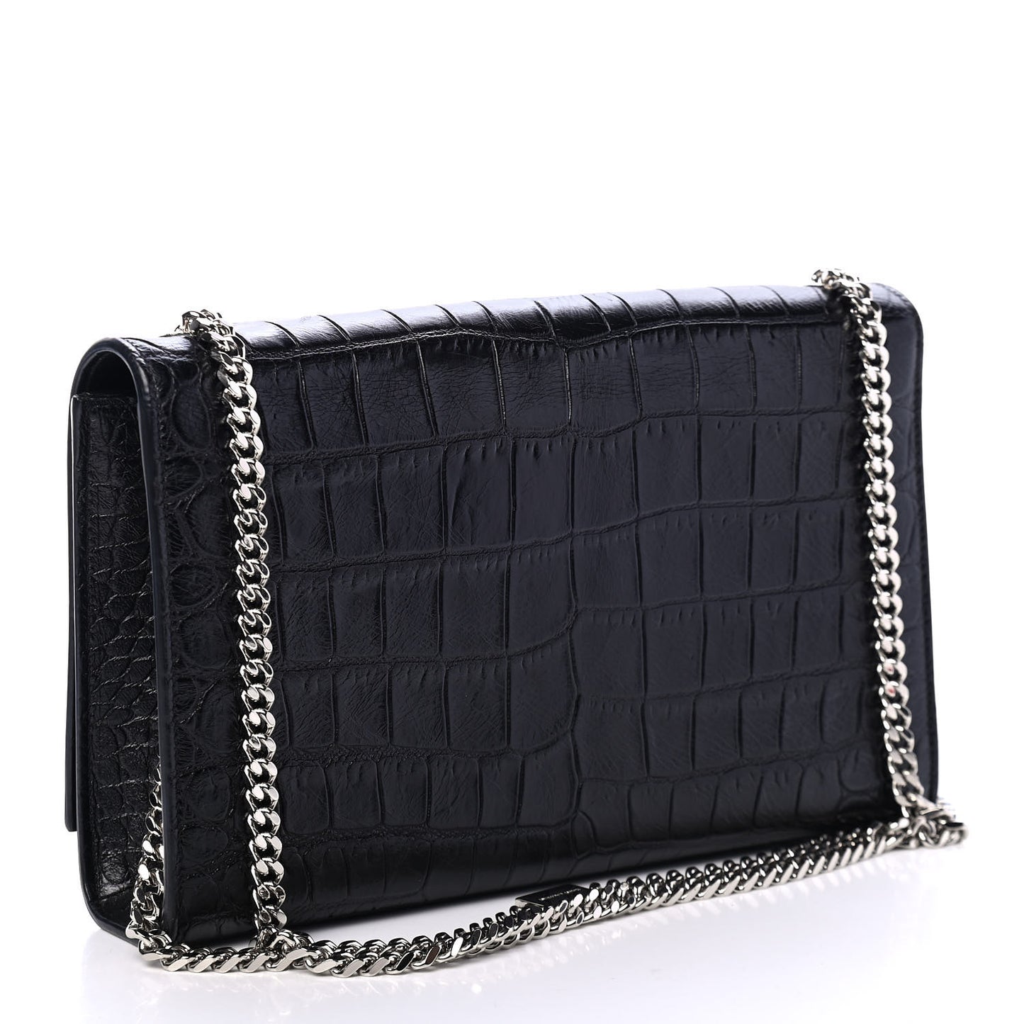 Calfskin Crocodile Embossed Medium Classic Monogram Kate Tassel Satchel Black