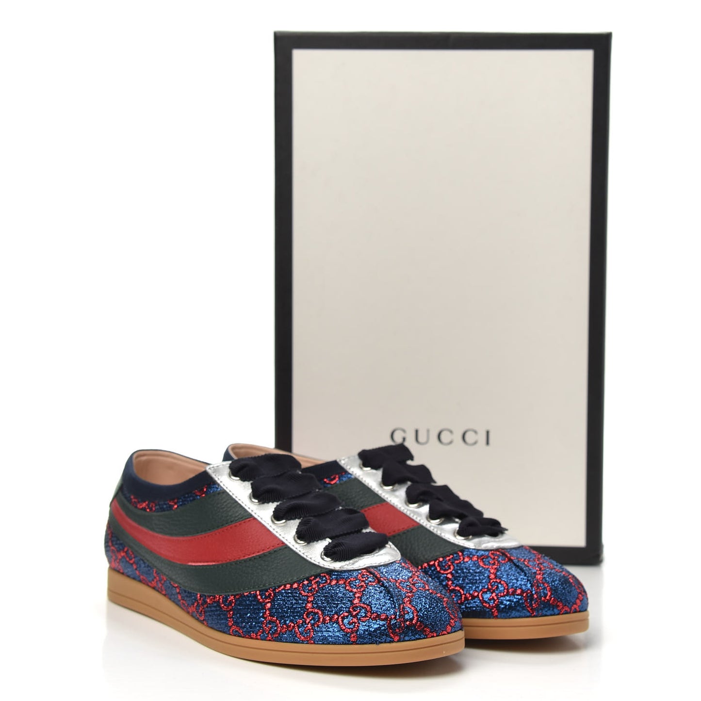 Lurex Calfskin Web GG Monogram Womens Falacer Sneakers 37.5 Iridescent Blue Iridescent Red Silver
