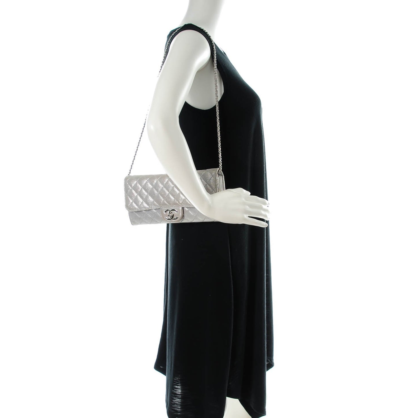 Metallic Suede Quilted East West Flap Clutch Silver