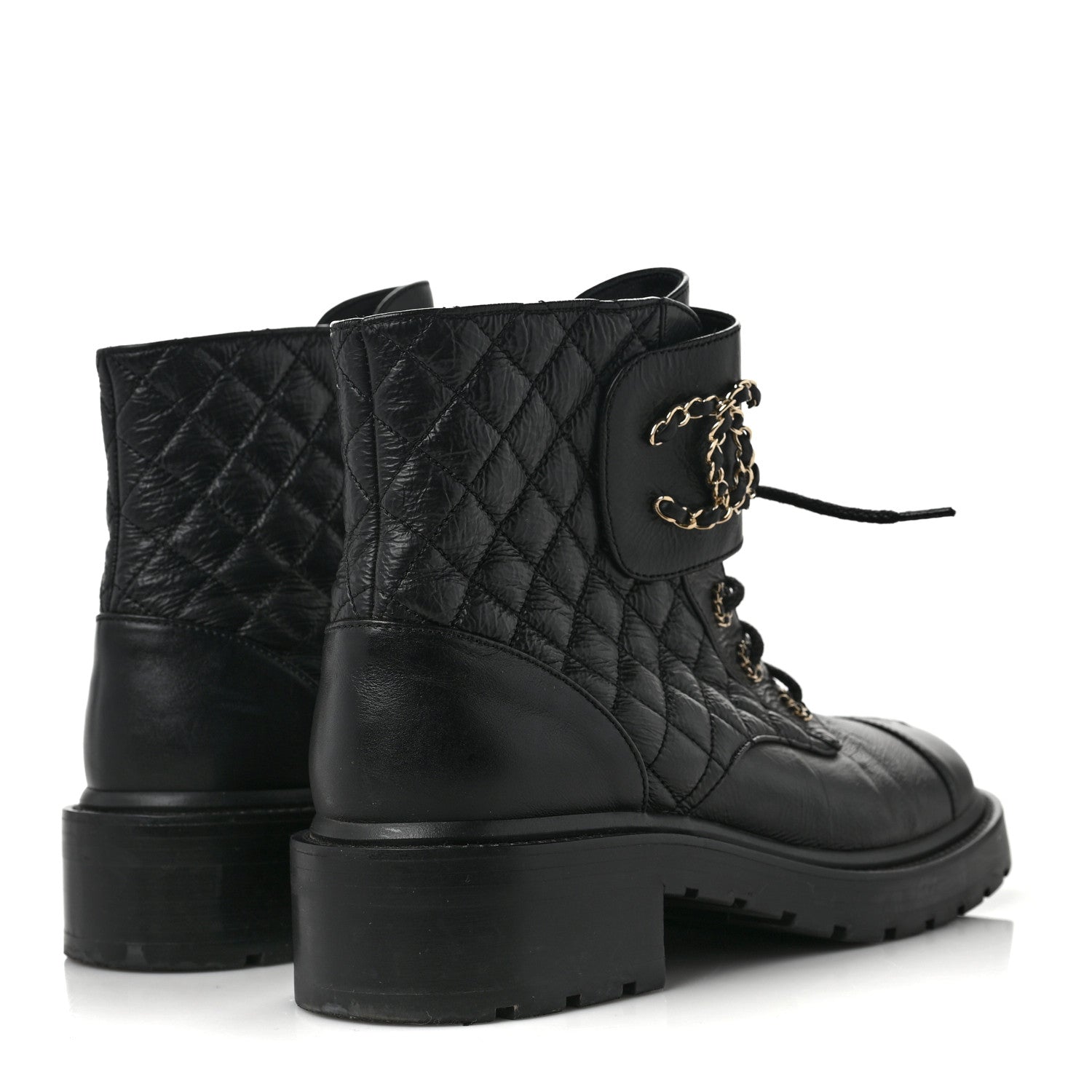 Chanel Shiny Calfskin Quilted Lace Up Combat Boots 41.5 Black 4 of 9