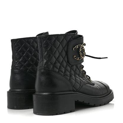 Chanel Shiny Calfskin Quilted Lace Up Combat Boots 41.5 Black 4 of 9