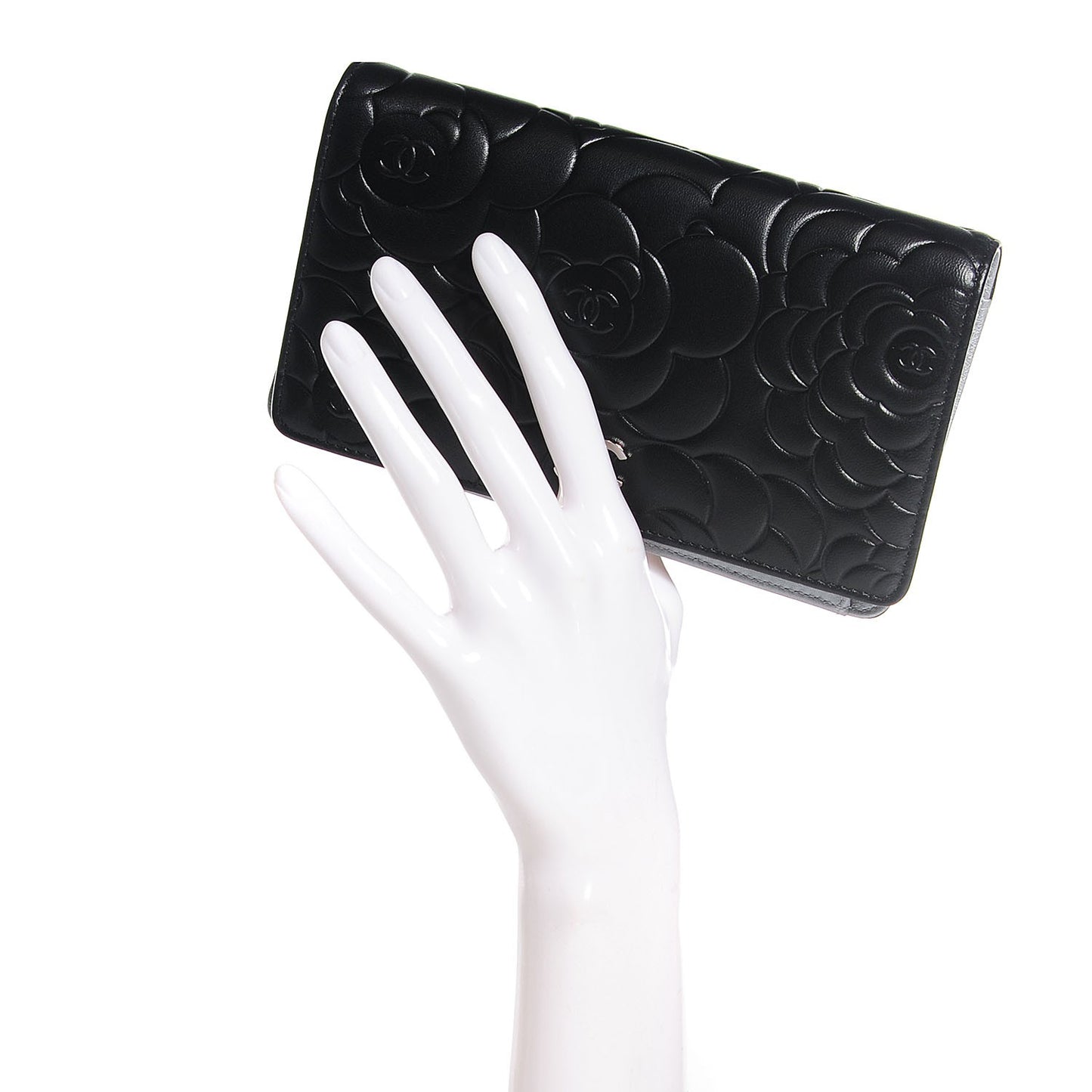 Lambskin Camellia Embossed Yen Wallet Black