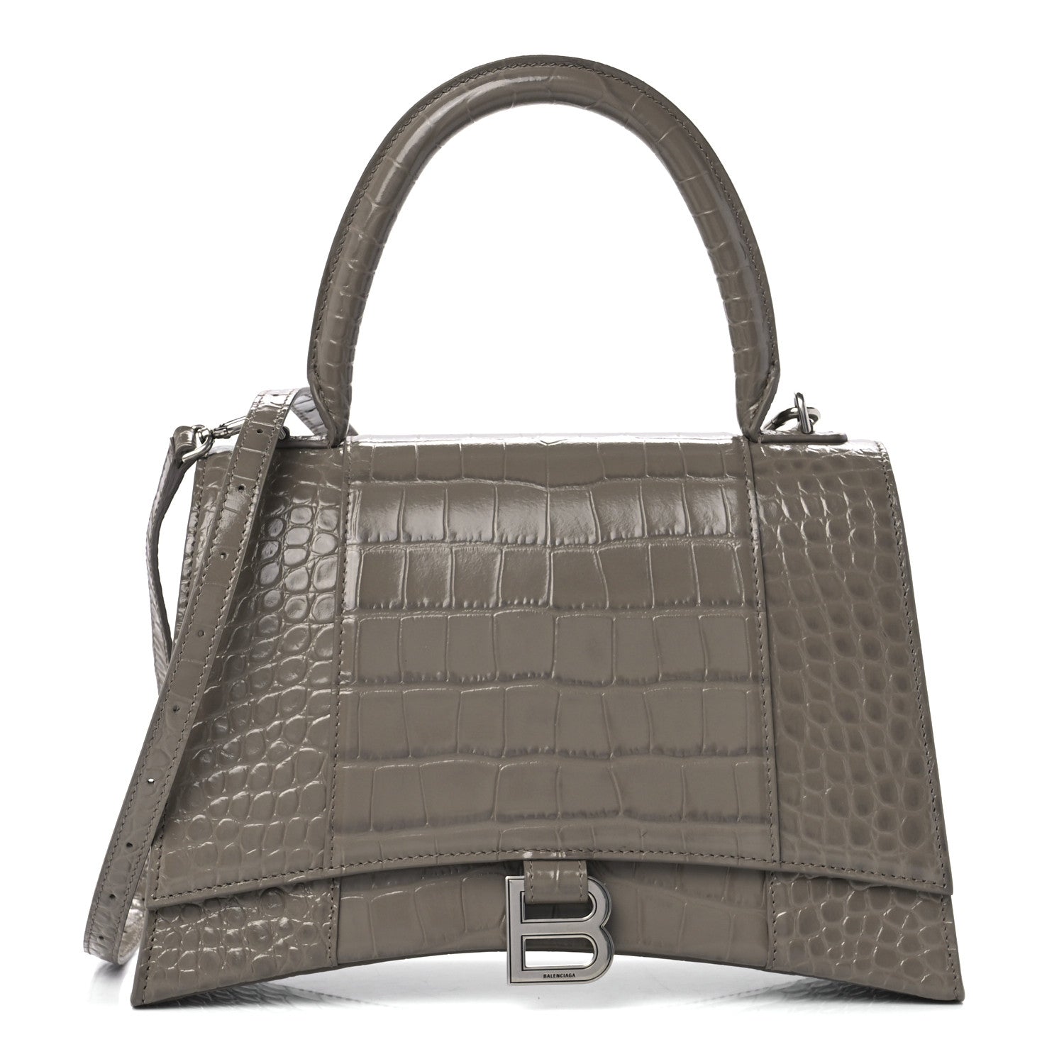 Balenciaga Shiny Calfskin Crocodile Embossed Medium Hourglass Top Handle Bag Mink Grey 1 of 14