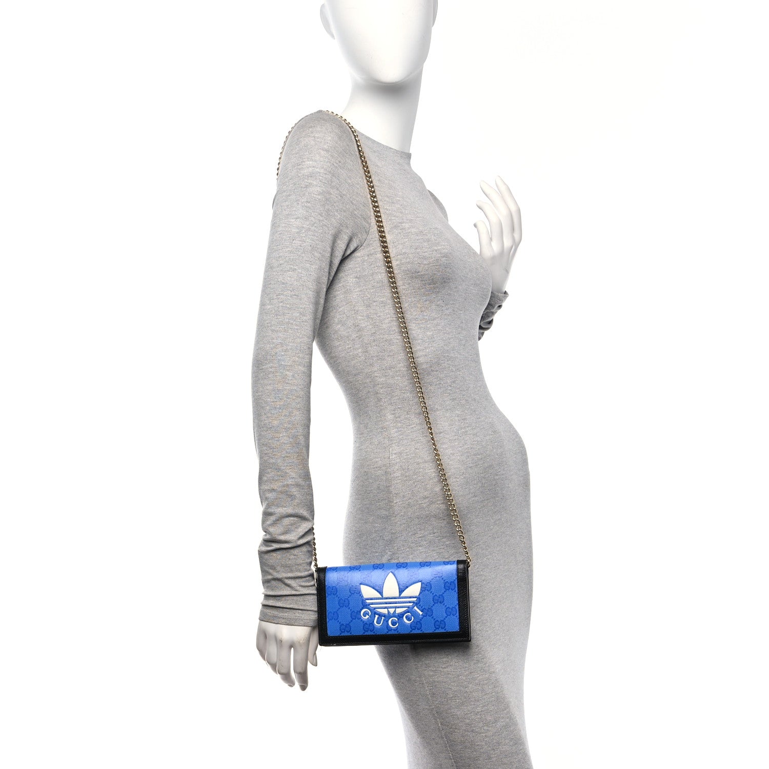 Gucci X ADIDAS Monogram Textured Dollar Calfskin Trefoil Embossed Wallet On Chain Blue 2 of 10