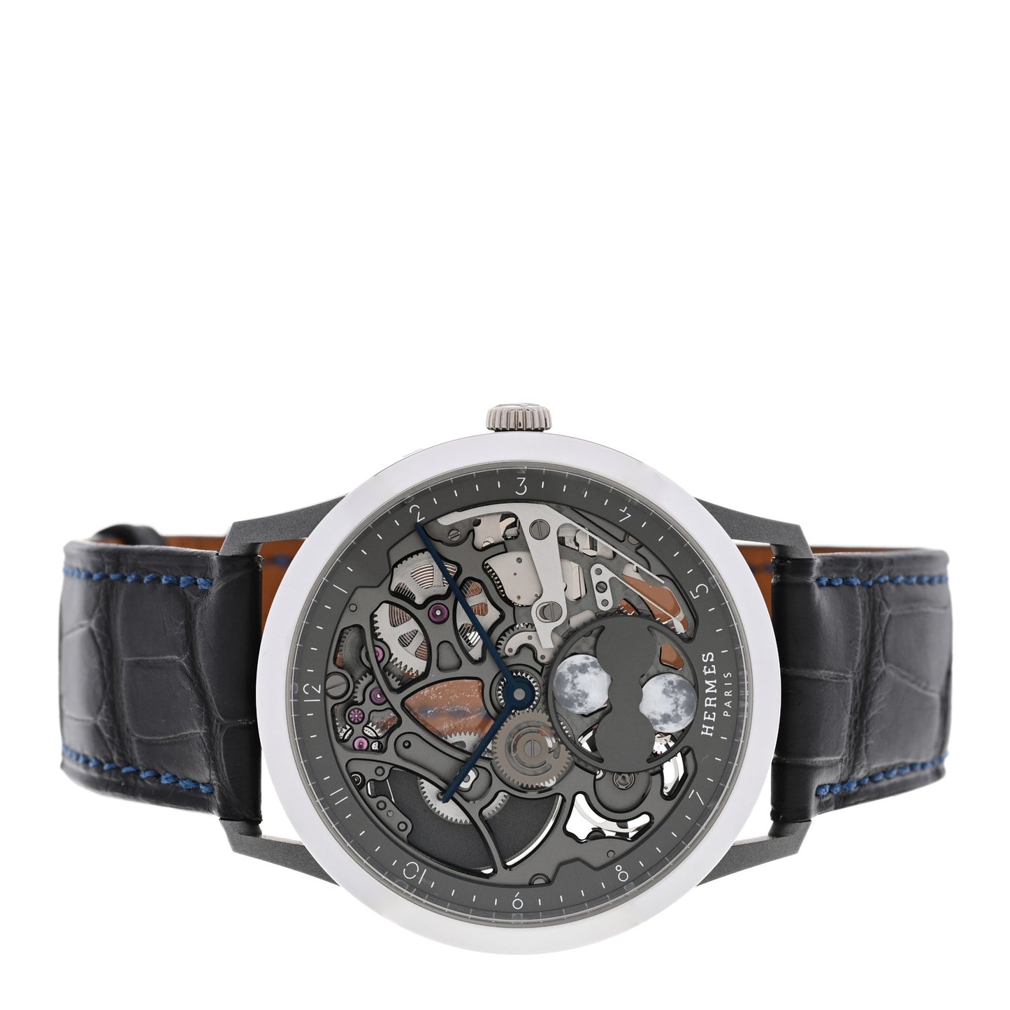 Platinum Titanium Alligator 39.5mm Slim d'Hermes Squelette Lune Automatic Watch Graphite