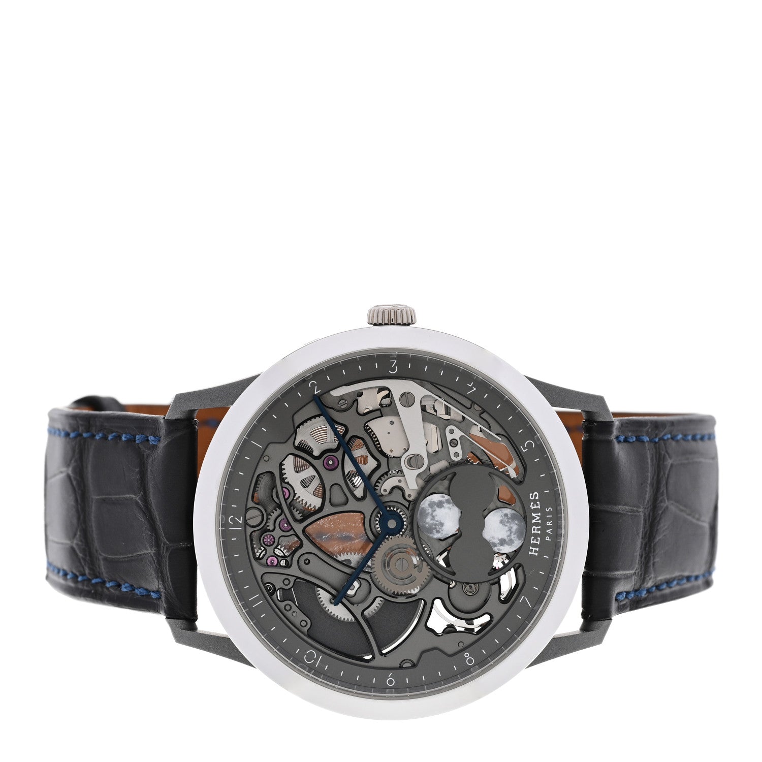 Hermes Platinum Titanium Alligator 39.5mm Slim d'Hermes Squelette Lune Automatic Watch Graphite 2 of 5