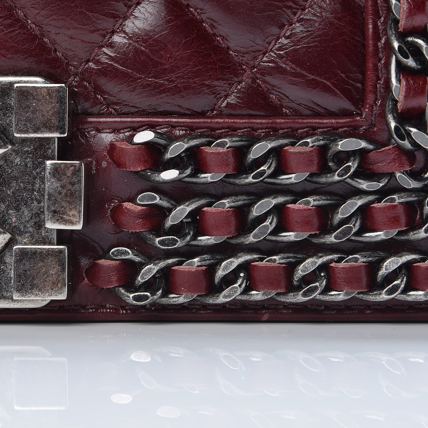 Glazed Calfskin Quilted Small Boy Chained Flap Burgundy