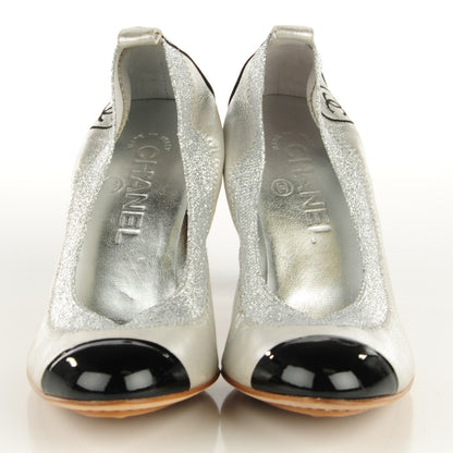 Chanel Metallic Lambskin Elastic Patent Cap Toe Pumps 37 Silver Black 2 of 7