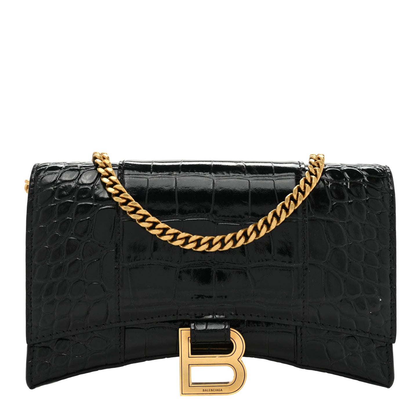 Shiny Calfskin Crocodile Embossed Hourglass Chain Bag Black