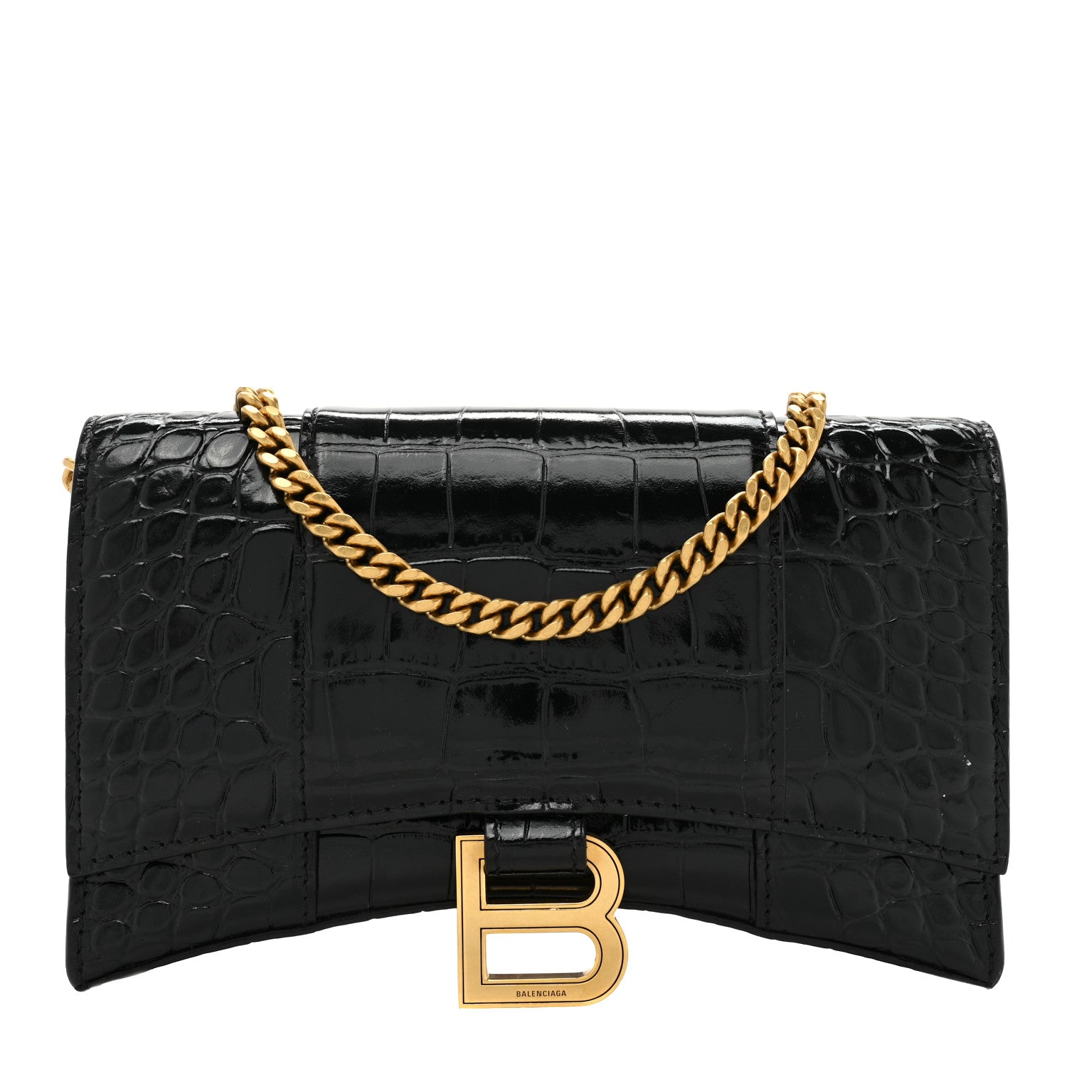 Balenciaga Shiny Calfskin Crocodile Embossed Hourglass Chain Bag Black 1 of 11