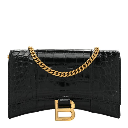 Balenciaga Shiny Calfskin Crocodile Embossed Hourglass Chain Bag Black 1 of 11