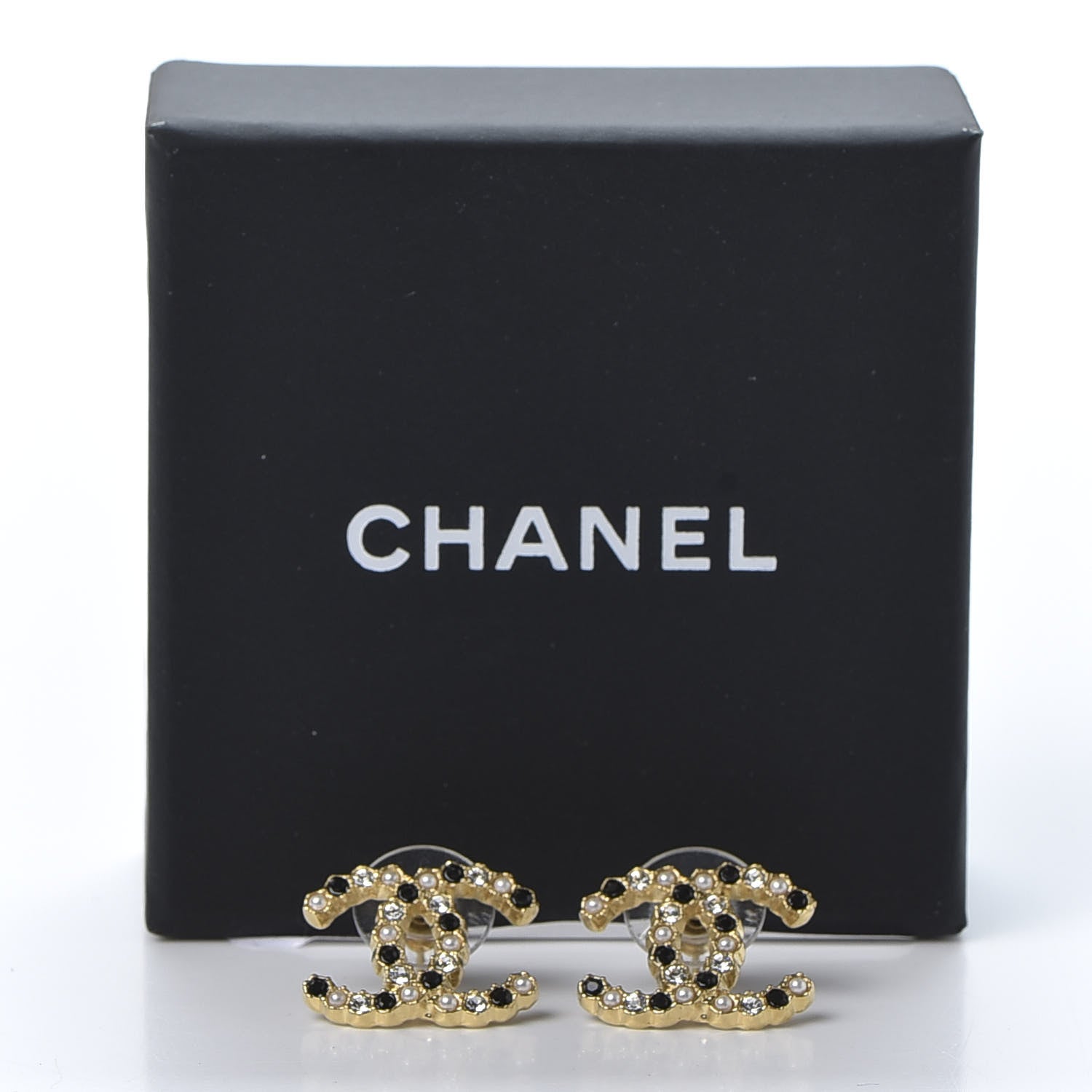 Chanel Resin Pearl Crystal CC Earrings Gold Black 5 of 5