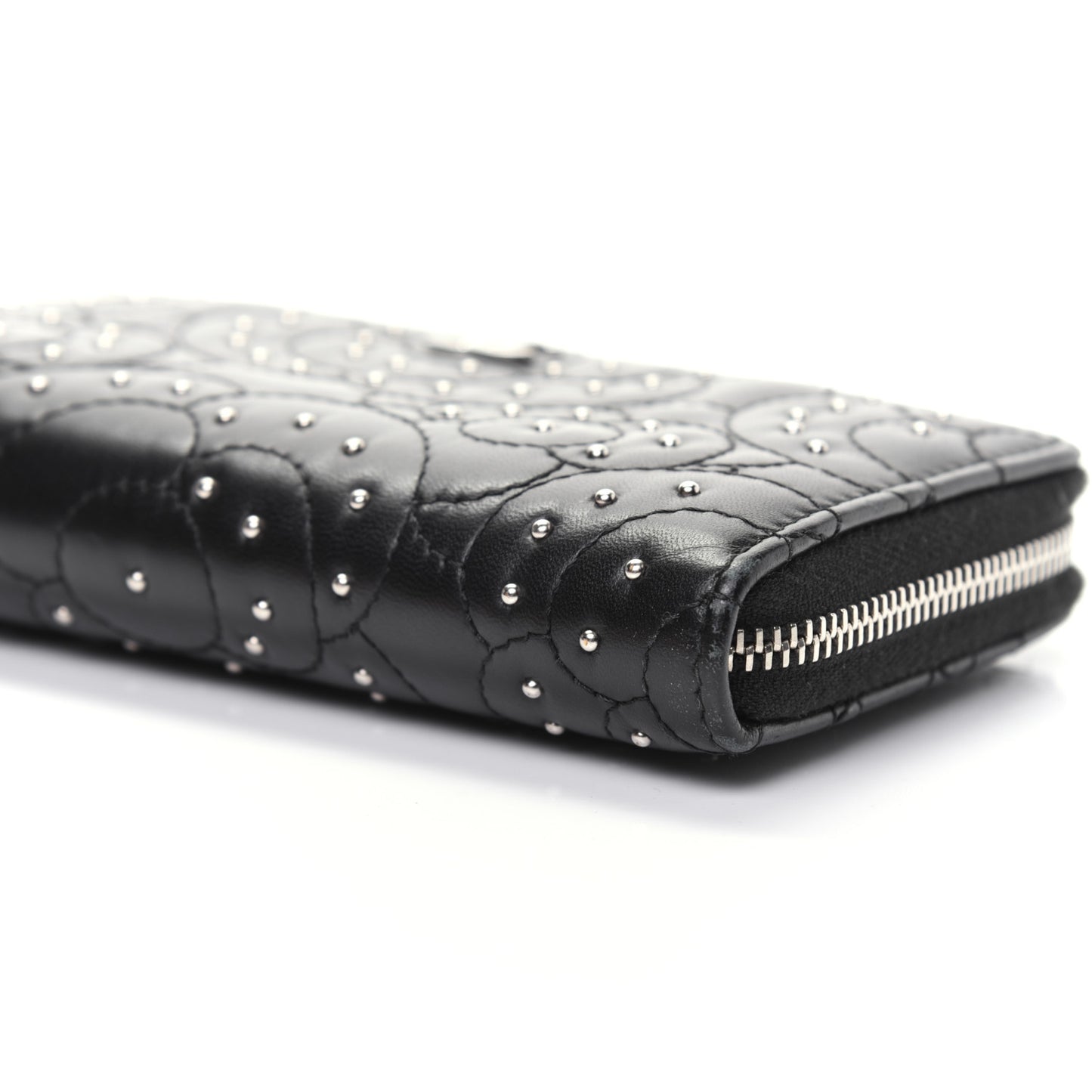 Lambskin Camellia Studded Large Gusset Zip Around Wallet Black