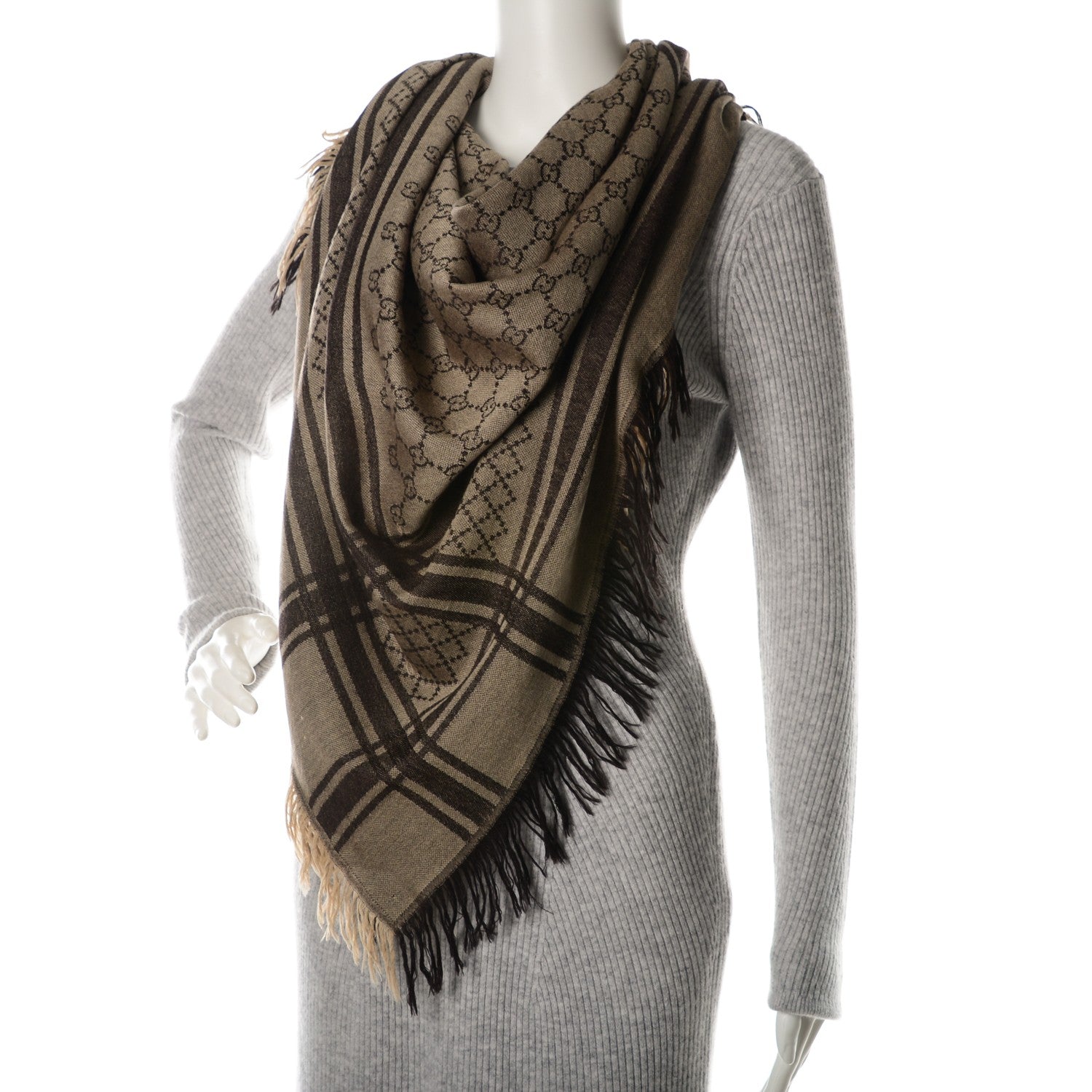 Gucci Wool Silk Monogram Diamanti Fringe Shawl Brown 2 of 5