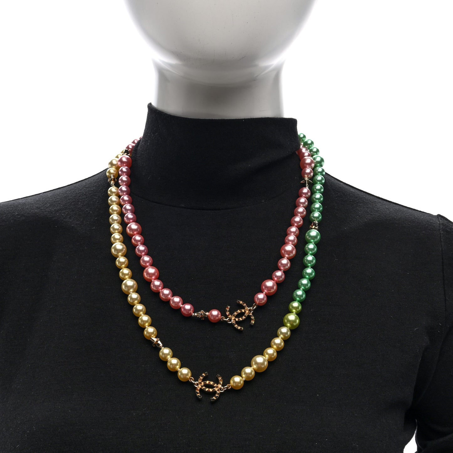 Beaded Pearl CC Long Strand Necklace Gold Multicolor
