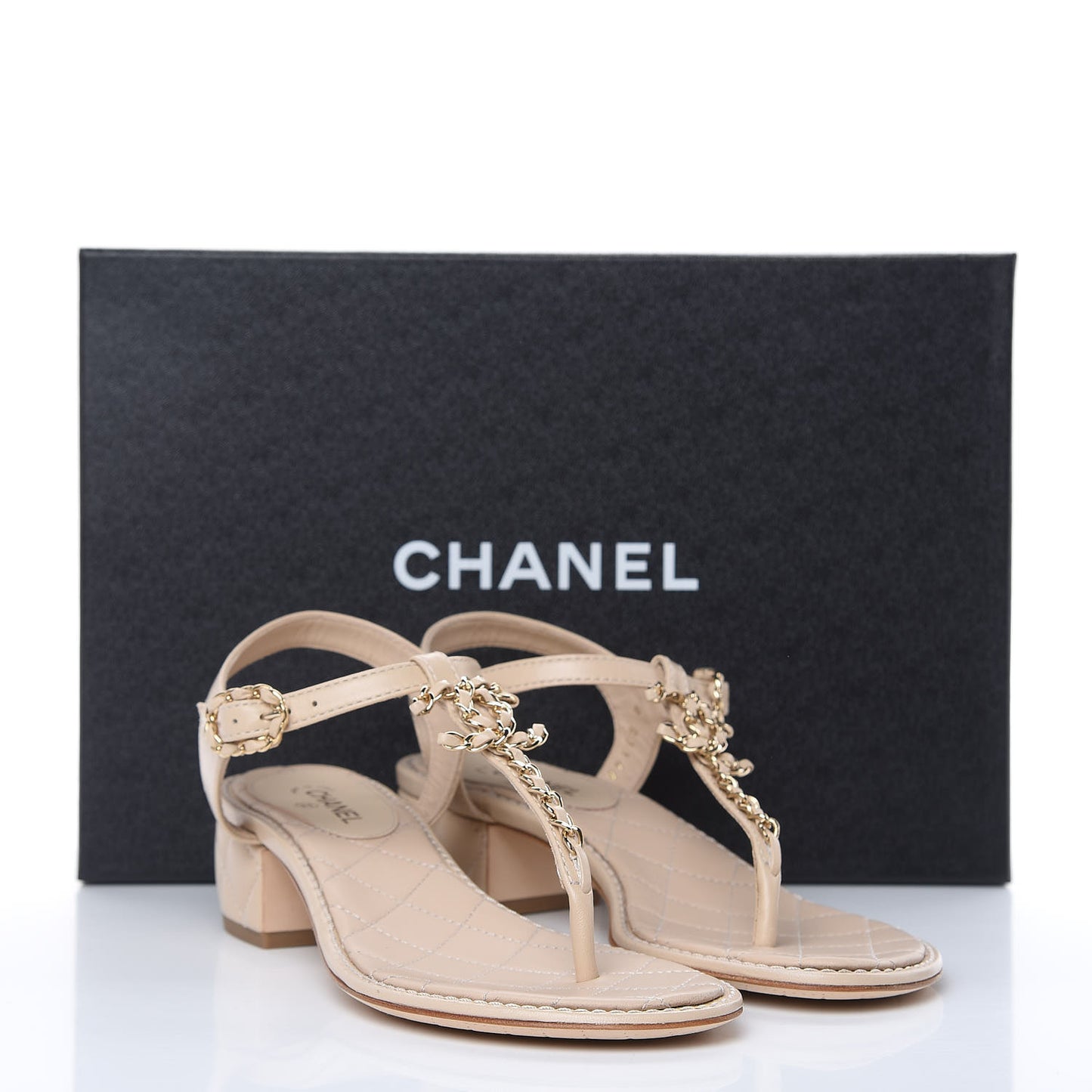 Lambskin Chain CC Logo Thong Sandals 36.5 Beige