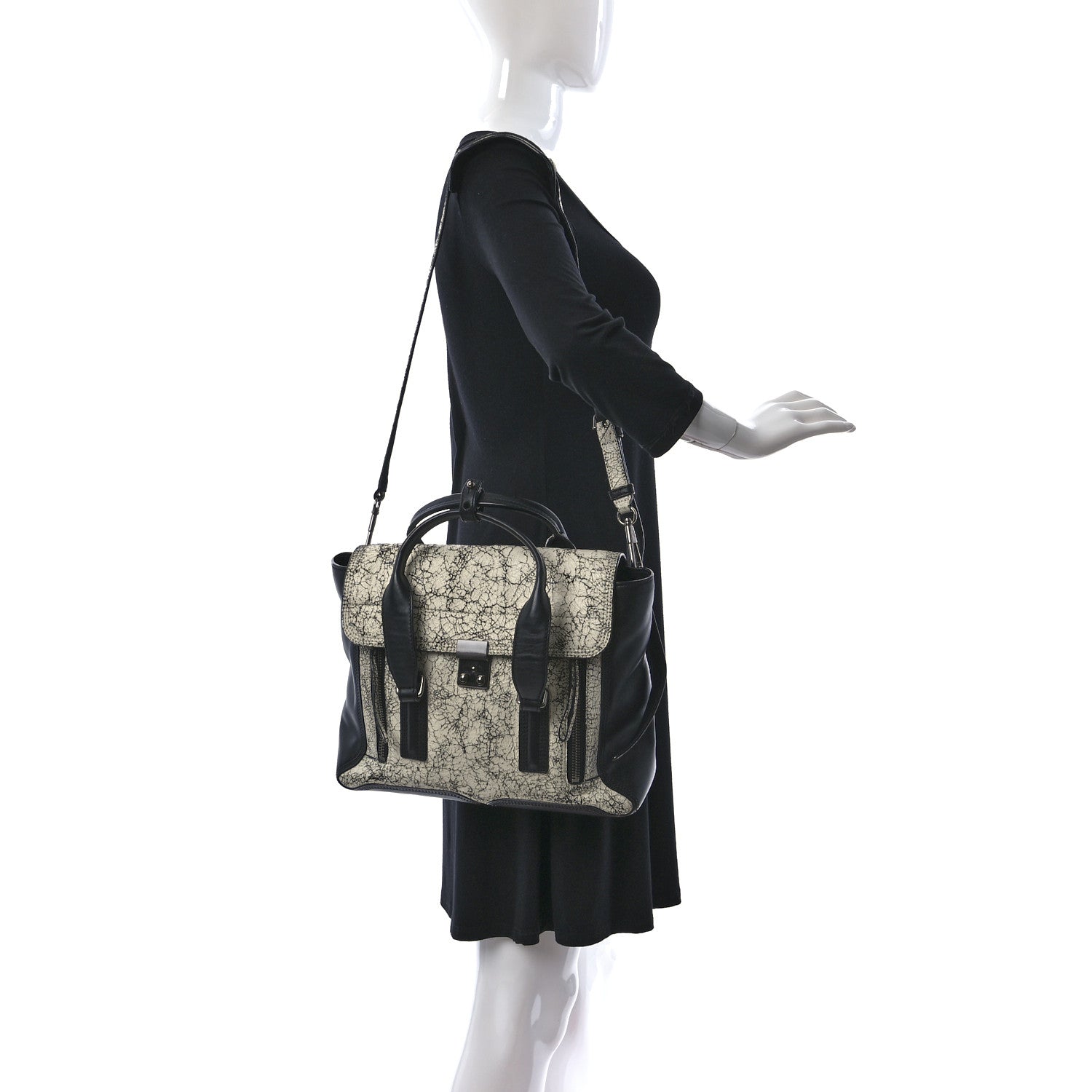 3.1 Phillip Lim Cracked Lambskin Large Pashli Satchel Black White 2 of 9