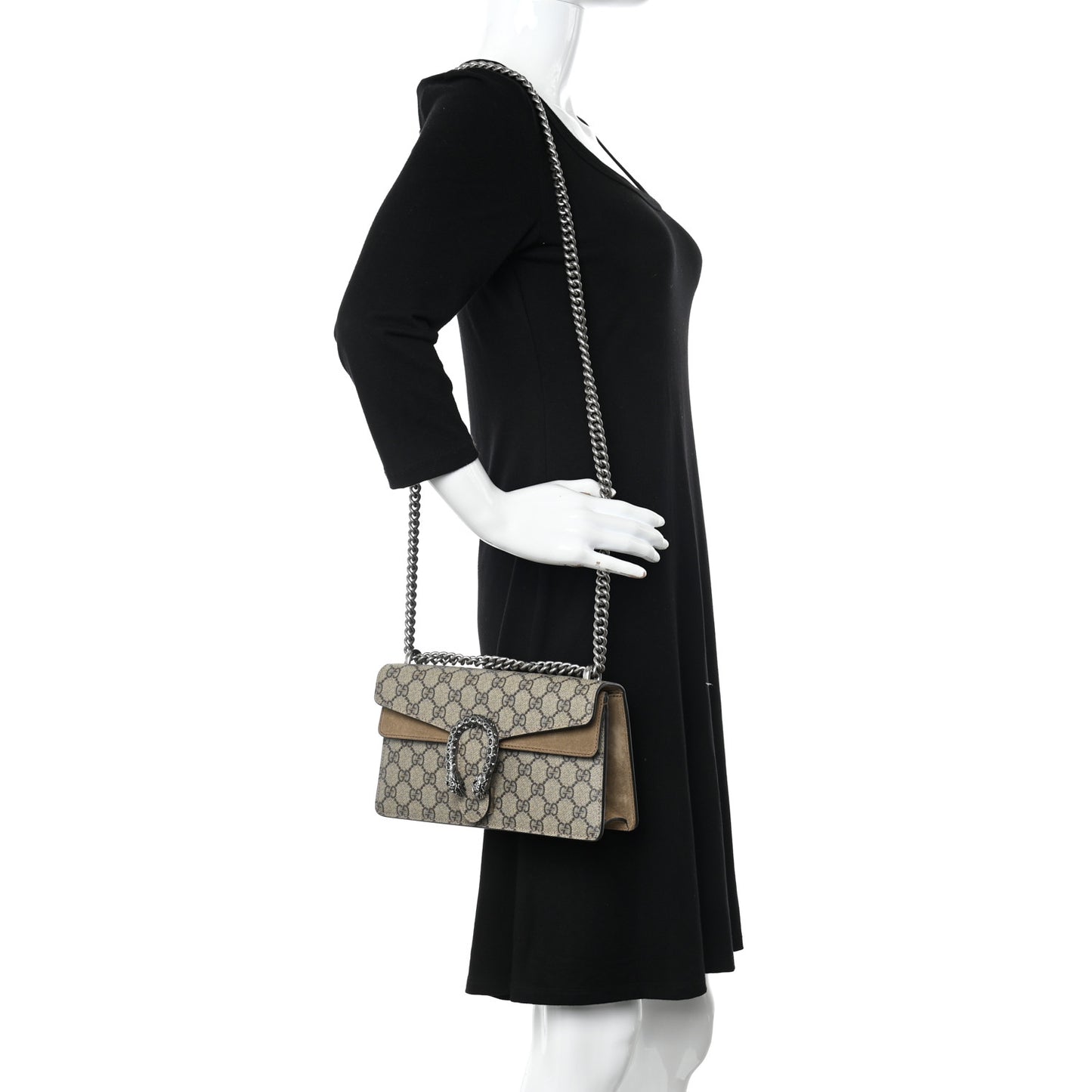 GG Supreme Monogram Suede Crystal Small Dionysus Shoulder Bag Beige Ebony Taupe