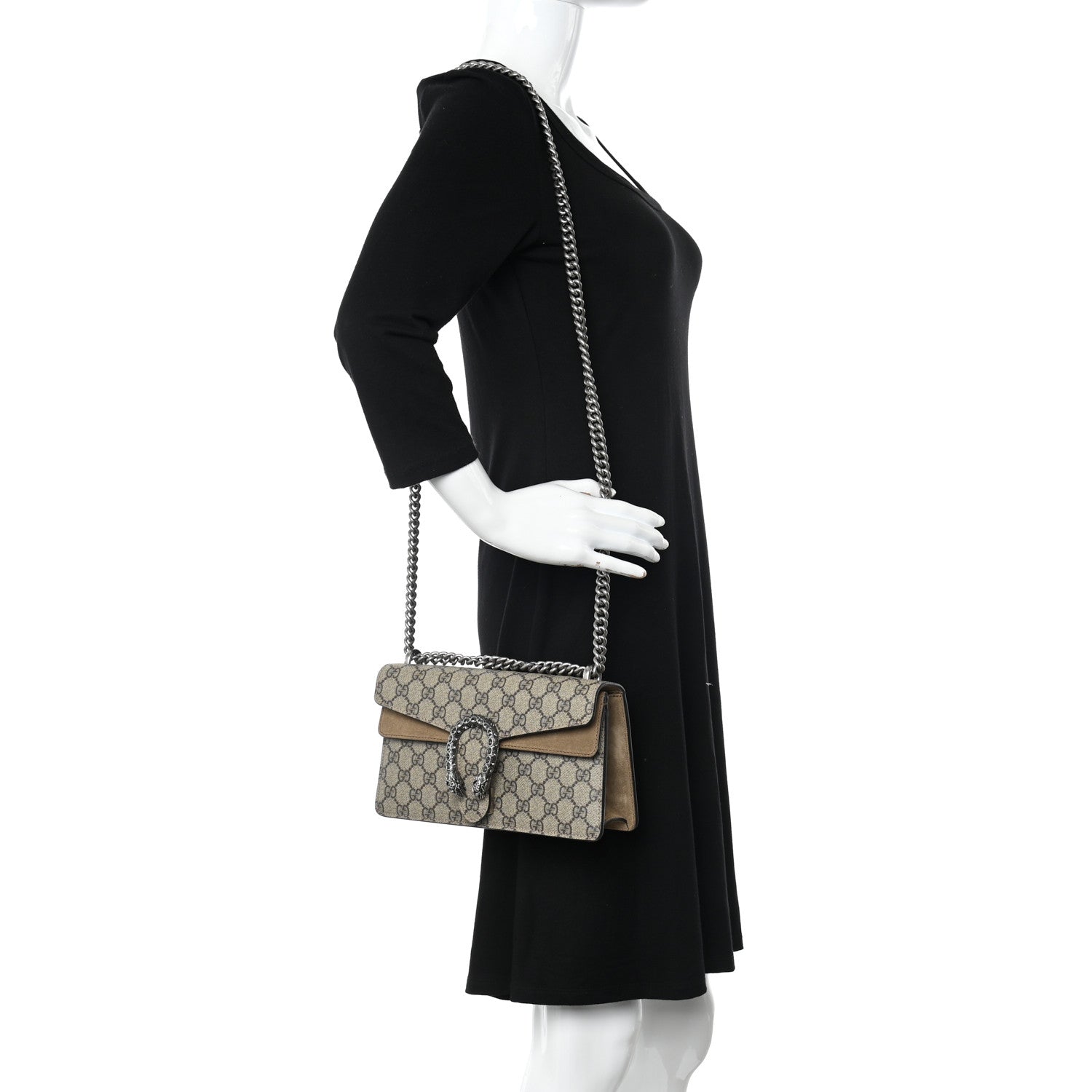 Gucci GG Supreme Monogram Suede Crystal Small Dionysus Shoulder Bag Beige Ebony Taupe 2 of 11